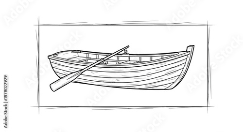 Rowboat with Oars, Hand-Drawn Sketch, Nautical Transportation, Vintage Style