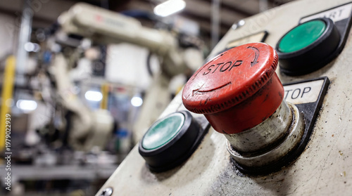 Red Industrial Emergency Stop Button on Factory Control Panel
