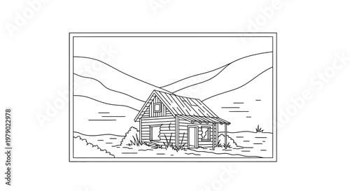 Rustic Abandoned Cabin in a Serene Mountain Landscape - Black and White Line Art