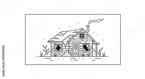 Rustic Abandoned Cabin in Wilderness, Smoky Chimney, Weathered Wood, Broken Windows