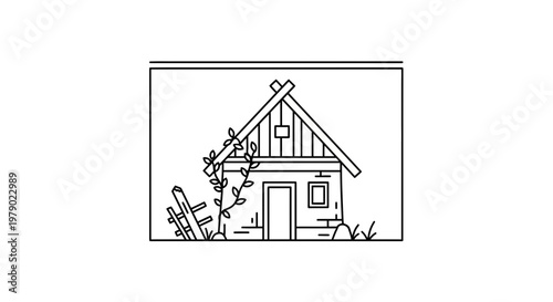 Rustic Abandoned Cabin with Overgrown Vines and Broken Fence, Line Art Illustration