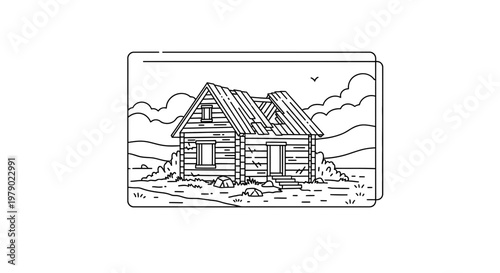 Rustic Abandoned Log Cabin in a Rural Landscape, Hand-Drawn Sketch Style