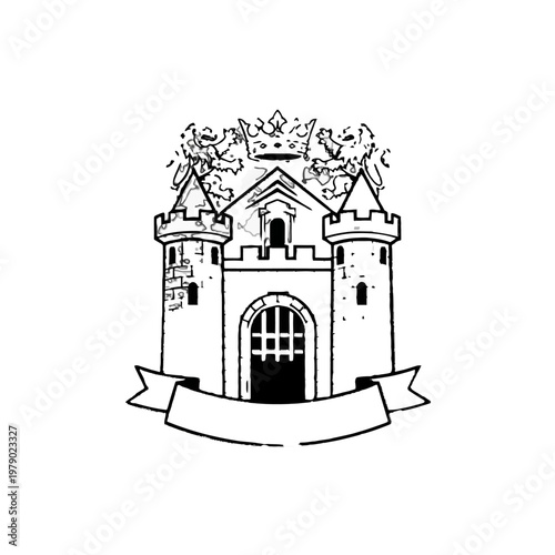 A medieval castle with towers and banner.