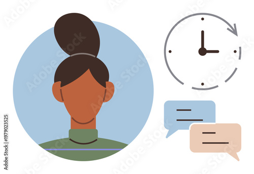 Communication, time planning, teamwork, remote work, productivity, scheduling. Female profile with clock and speech bubbles. Communication and time planning concepts