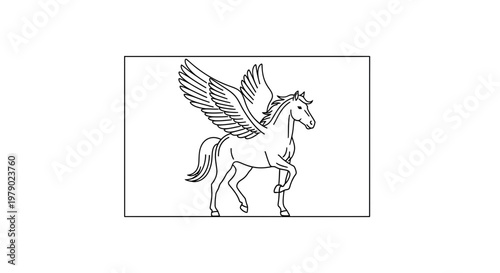 Mythical Pegasus Horse with Wings, Outline Drawing, Fantasy Creature