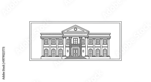 Neoclassical Mansion Facade with Columns and Pediment, Architectural Drawing