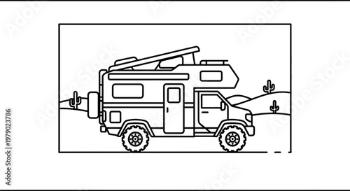 Off-road camper van in desert landscape, adventure travel, line art illustration