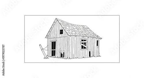 Old Abandoned Wooden Shack, Rustic Rural Building Illustration