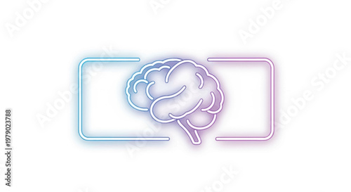 Neon Brain Outline with Futuristic Frame, AI and Technology Concept