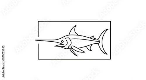 Minimalist Line Art Swordfish in Rectangle Frame, Vector Illustration