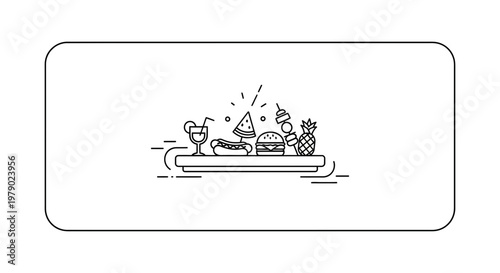 Minimalist Line Art: Summer Picnic Food and Drink Assortment on Tray