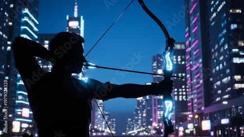 Silhouette Archer Aiming Bow in Cityscape Night.