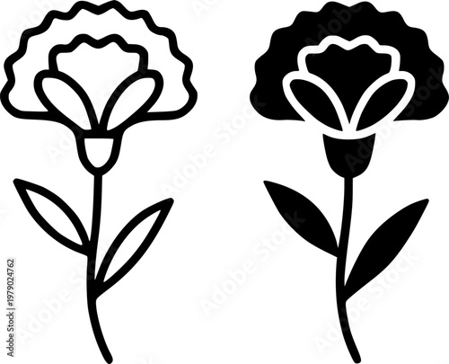 Carnation minimalist icon, outline and silhouette, for floral or plant design, isolated on transparent background