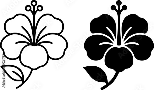 Hibiscus minimalist icon, outline and silhouette, for floral or plant design, isolated on transparent background