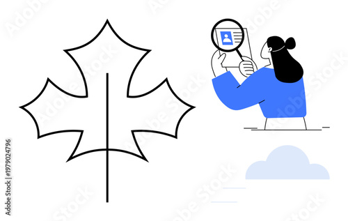 Identity verification. A woman investigates digital identity using a magnifying glass, emphasizing secure and accurate identification. Identity verification for technology, data security, Canada