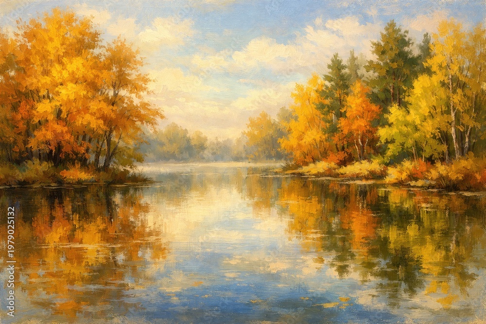 Fototapeta premium Impressionistic oil painting of a serene autumn river with golden trees, reflecting foliage and soft clouds on a calm water surface