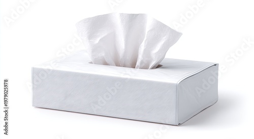 White tissue box with soft white tissues pulled out on a clean white background