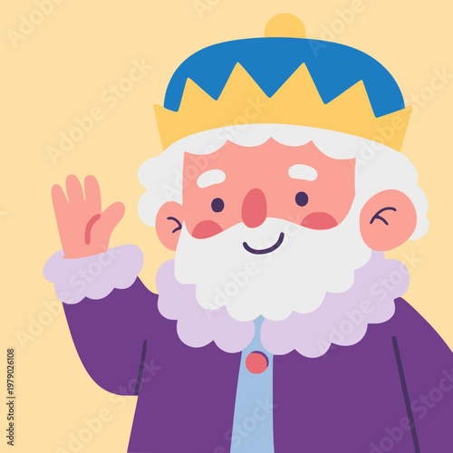 cartoon cute old wise king say hi character flat color vector illustration template design