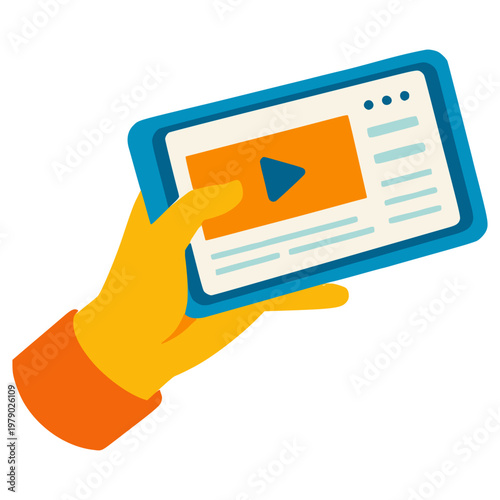 hand holding smartphone online video player flat color vector illustration template design