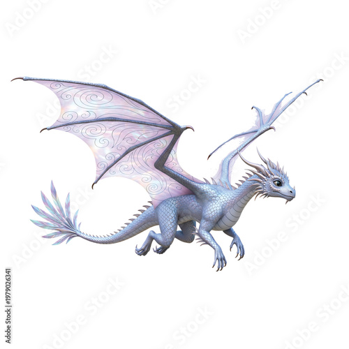 Mystical Sky Dragon: An enchanting digital artwork of a sky dragon soaring through the air, it's scales shimmering with iridescence, capturing the magical essence of fantasy and imagination.