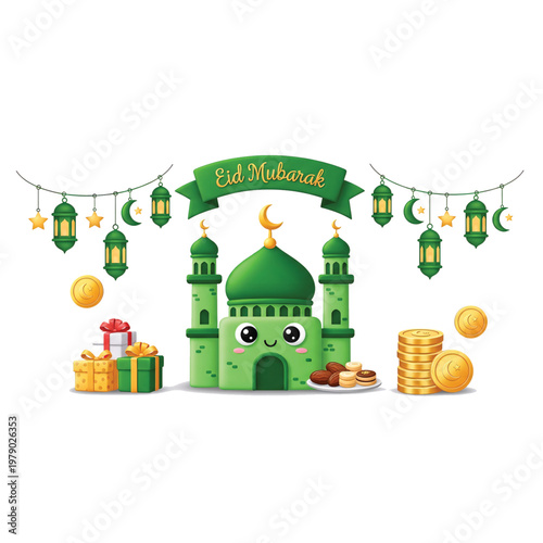 Eid Mubarak Illustration: A festive illustration of a mosque adorned with decorative elements, gifts, and treats, symbolizing the joy and blessings of Eid celebrations.