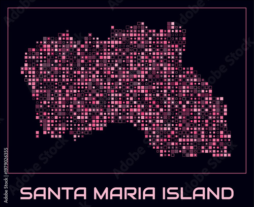 Santa Maria Island digital style map. Small square dots on dark background. Dotted shape of the island. Vector map and title. Vibrant vector illustration.