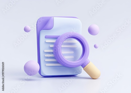 3D illustration of a document with a magnifying glass and spheres