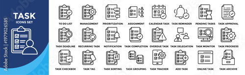 Task icon set collection. an icon pack contain task management, task prioritization, task assignment, task completion, task delegation