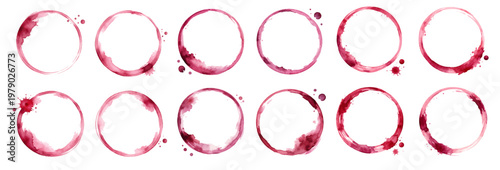 Fotografi A watercolor collection of wine stains featuring pink and red circular glass ring marks and splash effects illustrated in a textured hand-painted style