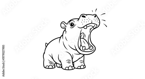 Cute cartoon hippo roaring with mouth open, black and white line art