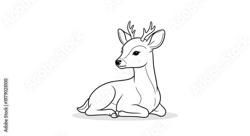 Cute fawn line art, sitting deer, black and white illustration, simple cartoon style
