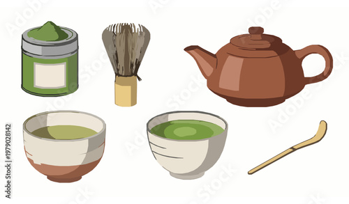 Matcha tea ceremony elements vector illustration Japanese set