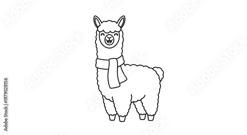 Cute llama wearing a scarf, line art illustration, white background