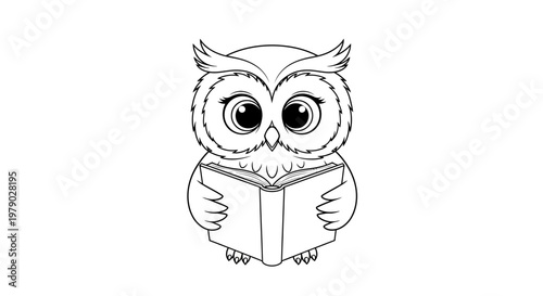 Cute owl reading a book, line art, black and white