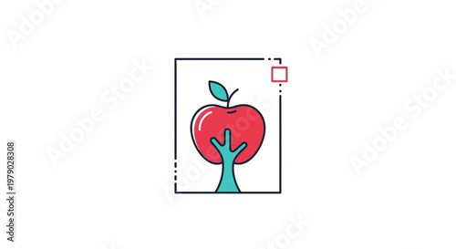 Minimalist Apple Tree Icon with Red Apple and Green Leaf, Simple Vector Illustration