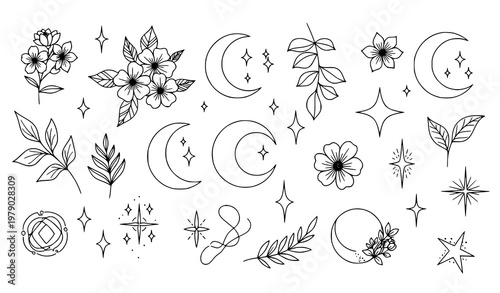 Mystical doodle set celestial and floral vector illustration