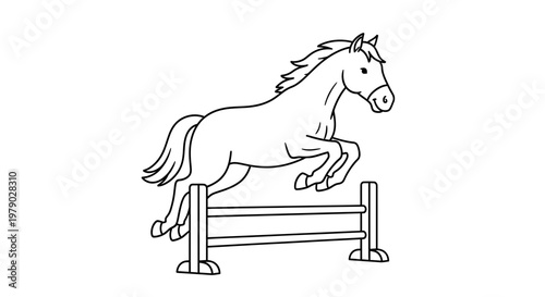 Horse jumping over obstacle, equestrian sport, line art illustration