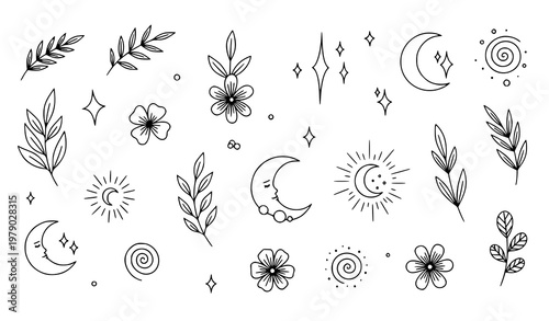 Hand drawn celestial botanical doodles vector magical elements set