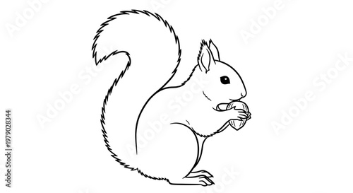 Line art illustration of a squirrel holding a nut, white background