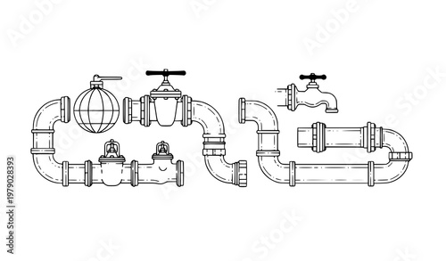 Horizontal pipeline vector set with valves fittings globe valve and taps water oil gas distribution outline isolated on white