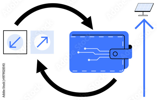 Digital transactions, renewable energy, sustainability, e-wallets, technology innovation, energy exchange. Visual elements feature a wallet, arrows direction symbols and a solar panel. Digital