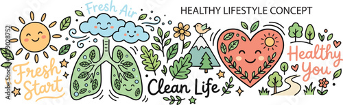 Healthy Lifestyle Clean Air Wellness Fresh Life Concept, World No Tobacco Day, Illustration Doodle Cartoon Collection