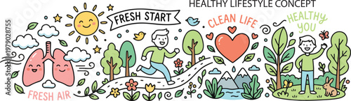 Healthy Lifestyle Clean Air Wellness Fresh Life Concept, World No Tobacco Day, Illustration Doodle Cartoon Collection