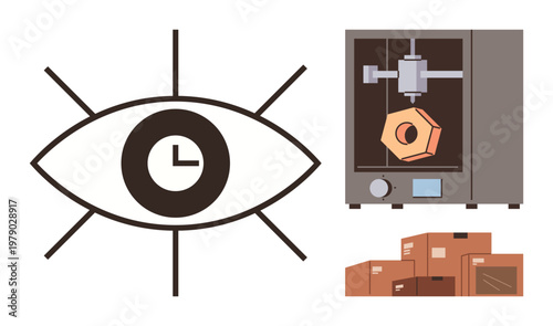 Time management, manufacturing processes, digital innovation, 3D printing, logistics, modern production flow. Eye with clock, 3D printer and boxes. Time management and manufacturing processes