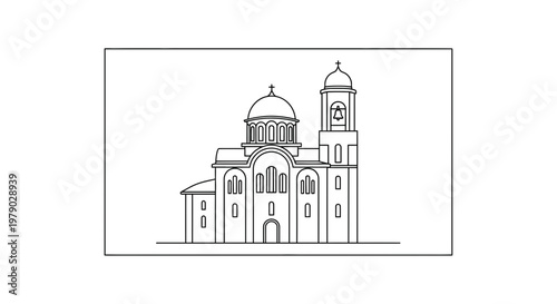 Minimalist Line Art of a Grand Orthodox Church with Domes and Bell Tower