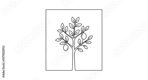 Minimalist line art of a lemon tree with fruits and leaves, simple outline drawing