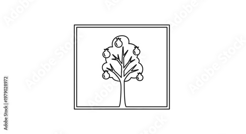 Minimalist line art of a pear tree with ripe fruit in a square frame