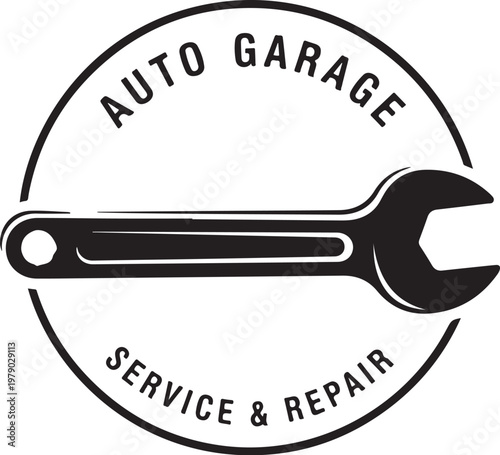 Auto garage service repair logo, wrench icon, black and white emblem, car maintenance symbol