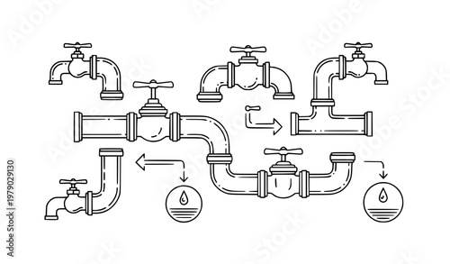 Pipeline network line icons vector water oil gas with valves fittings flow control distribution outline isolated on white