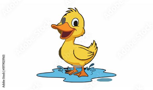 Happy cartoon duck standing in puddle vector illustration
